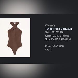 Twist-front bodysuit. Brown. Very stretchy material.